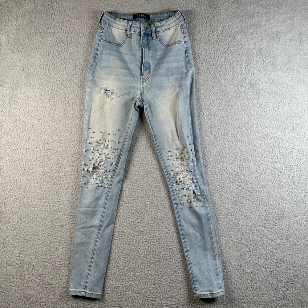 Akira Pearl Embellished Distressed High Rise Skinny Jeans Light Wash Blue 7 W27